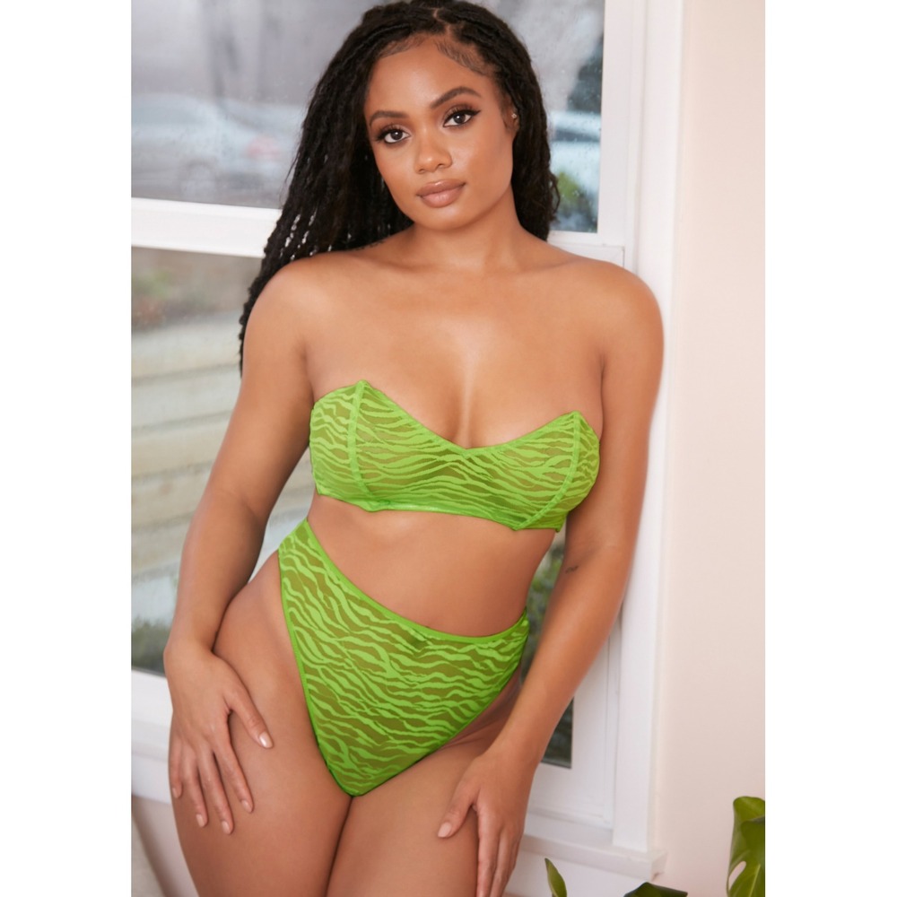 Neon‎ Green Zebra Lace Bandeau Bralette and High Cut Thong Small